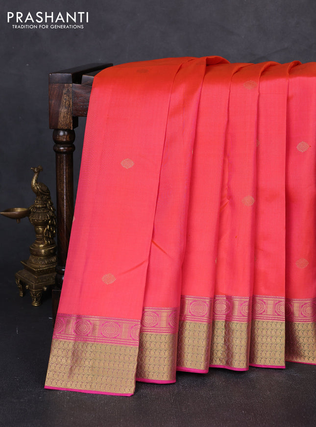 Pure kanchipuram silk saree dual shade of peach pink and pink with zari woven buttas and rich zari woven border