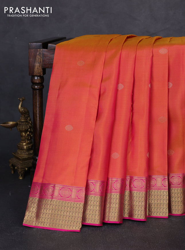 Pure kanchipuram silk saree dual shade of pinkish yellow and pink with zari woven buttas and rich zari woven border