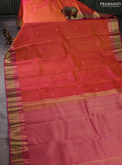 Pure kanchipuram silk saree dual shade of pinkish yellow and pink with zari woven buttas and rich zari woven border