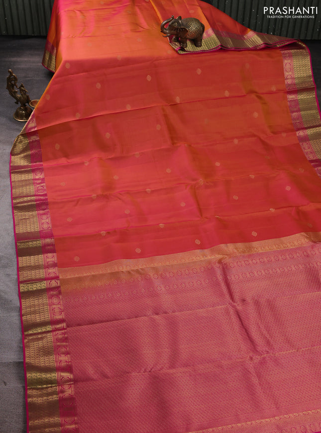 Pure kanchipuram silk saree dual shade of pinkish yellow and pink with zari woven buttas and rich zari woven border