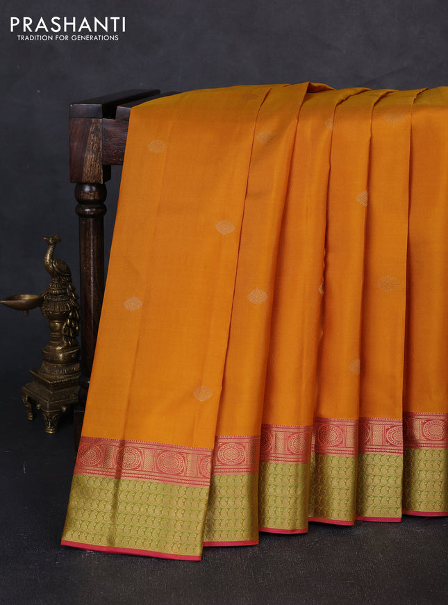 Pure kanchipuram silk saree mustard yellow and pink with zari woven buttas and rich zari woven border