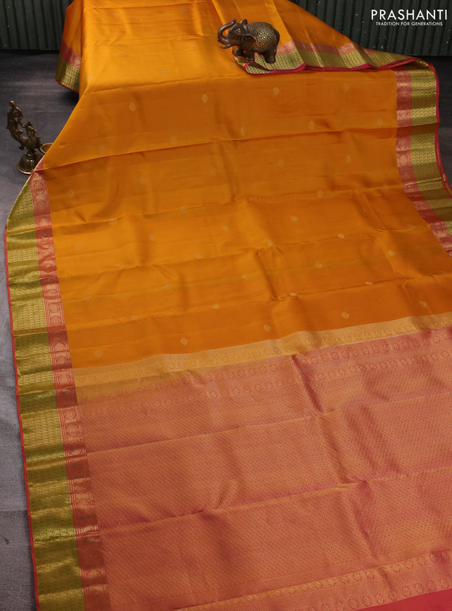Pure kanchipuram silk saree mustard yellow and pink with zari woven buttas and rich zari woven border