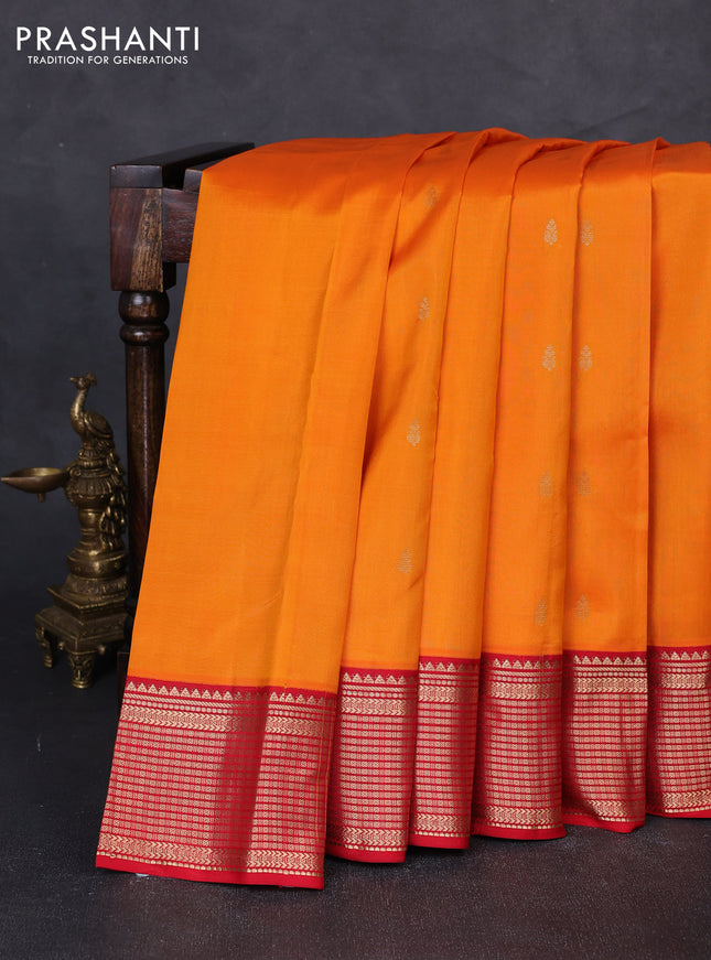 Pure kanchipuram silk saree orange and red with zari woven buttas and zari woven korvai border
