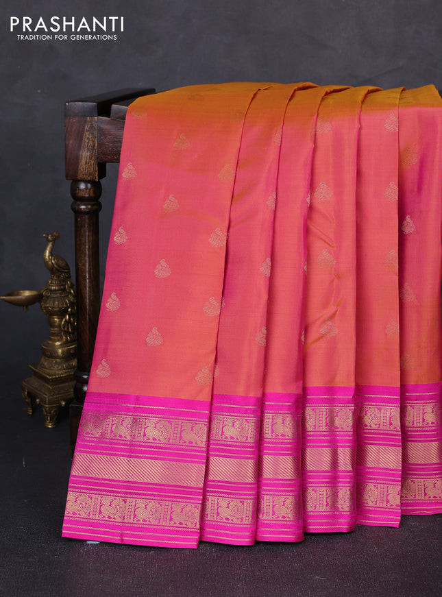 Pure kanchipuram silk saree dual shade of pinkish yellow and pink with zari woven buttas and rich zari woven border