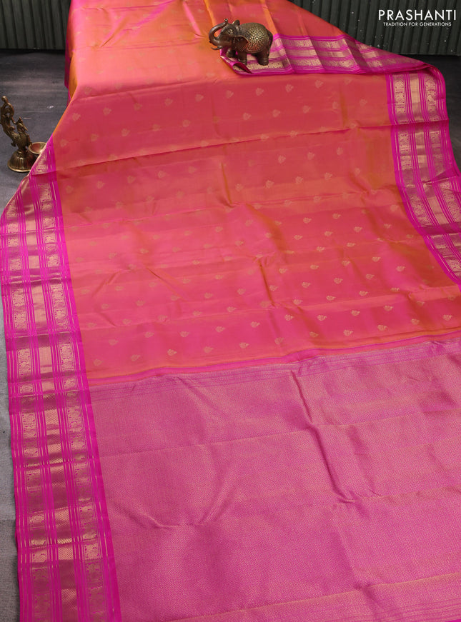 Pure kanchipuram silk saree dual shade of pinkish yellow and pink with zari woven buttas and rich zari woven border