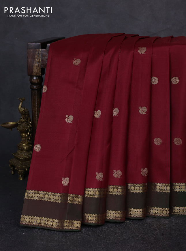 Pure kanchipuram silk saree maroon and dual shade of green with zari woven annam & rudhraksha buttas and rettapet zari woven border
