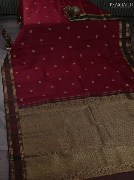 Pure kanchipuram silk saree maroon and dual shade of green with zari woven annam & rudhraksha buttas and rettapet zari woven border