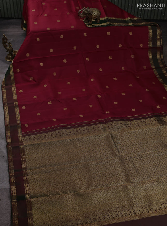 Pure kanchipuram silk saree maroon and dual shade of green with zari woven annam & rudhraksha buttas and rettapet zari woven border