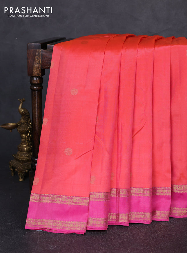 Pure kanchipuram silk saree peach orange and pink with zari woven annam & rudhraksha buttas and rettapet zari woven border