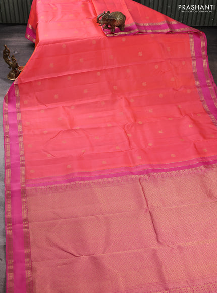 Pure kanchipuram silk saree peach orange and pink with zari woven annam & rudhraksha buttas and rettapet zari woven border