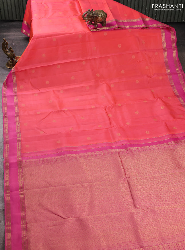 Pure kanchipuram silk saree peach orange and pink with zari woven annam & rudhraksha buttas and rettapet zari woven border