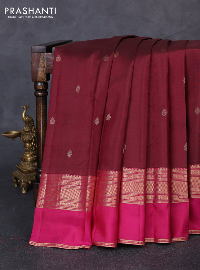 Pure kanchipuram silk saree maroon with zari woven buttas and ganga jamuna border