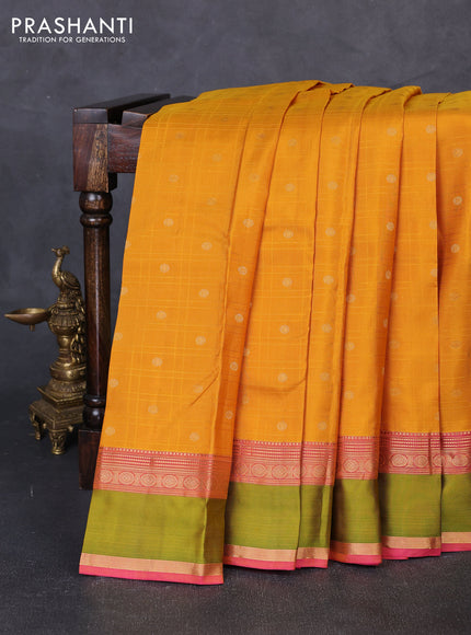 Pure kanchipuram silk saree mustard yellow and pink green with allover checks & zari buttas and rettapet zari woven border