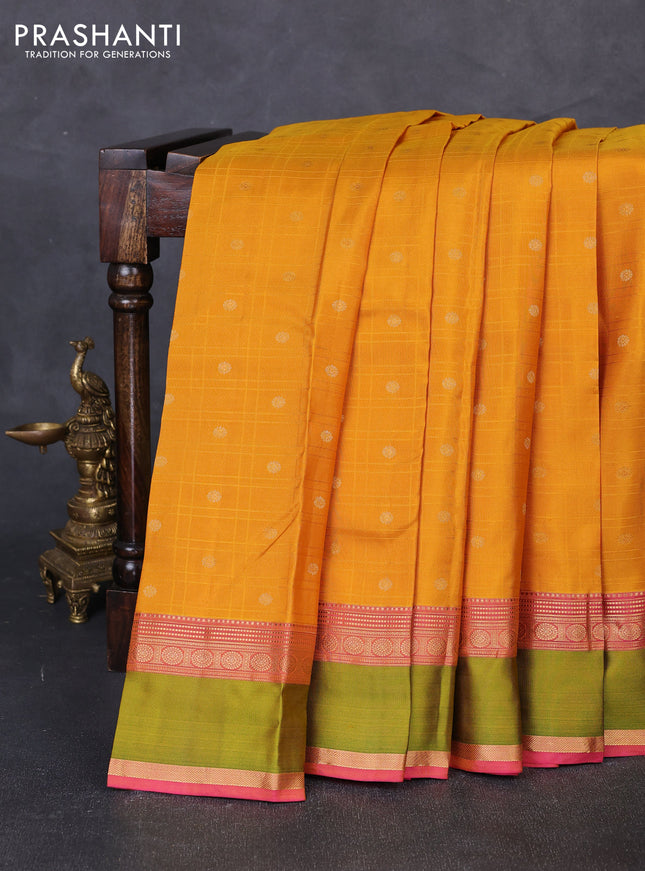 Pure kanchipuram silk saree mustard yellow and pink green with allover checks & zari buttas and rettapet zari woven border