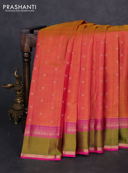 Pure kanchipuram silk saree dual shade of mustard yellow and pink green with allover checks & zari buttas and rettapet zari woven border