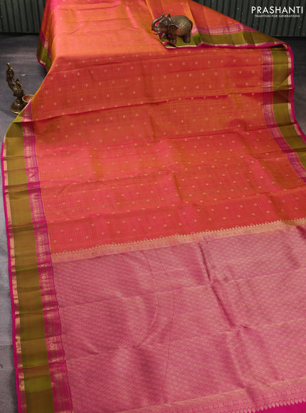 Pure kanchipuram silk saree dual shade of mustard yellow and pink green with allover checks & zari buttas and rettapet zari woven border