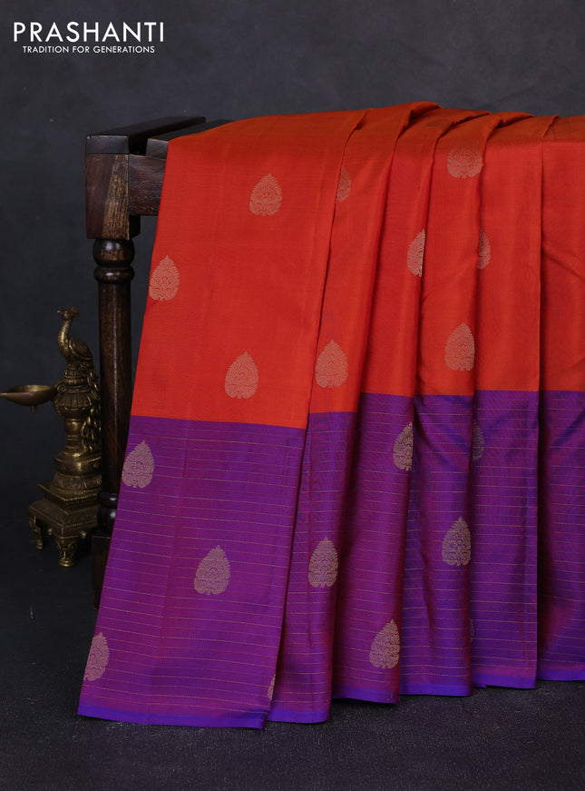 Pure kanchipuram silk saree rustic orange and purple with zari woven buttas and long rich zari woven border