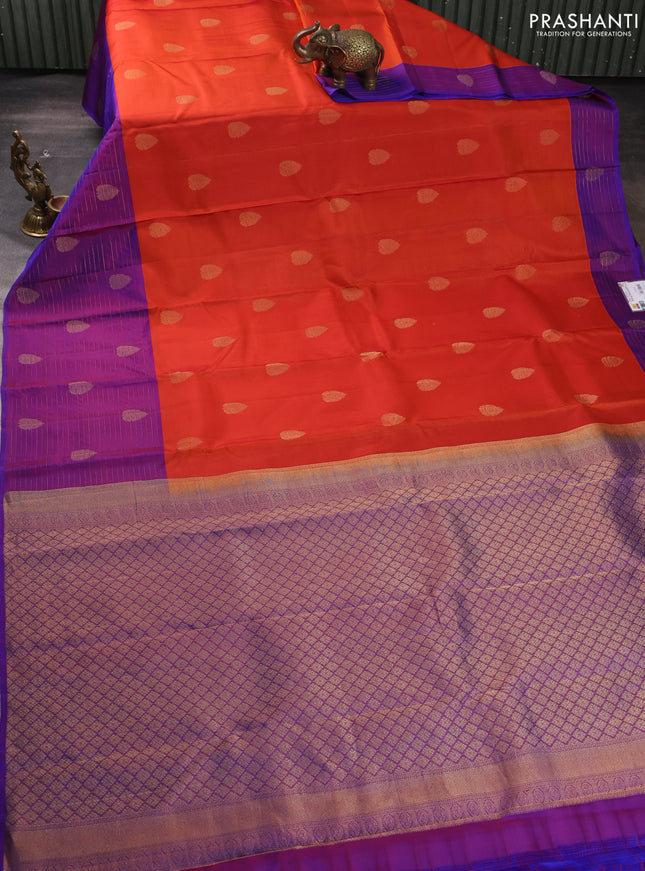 Pure kanchipuram silk saree rustic orange and purple with zari woven buttas and long rich zari woven border