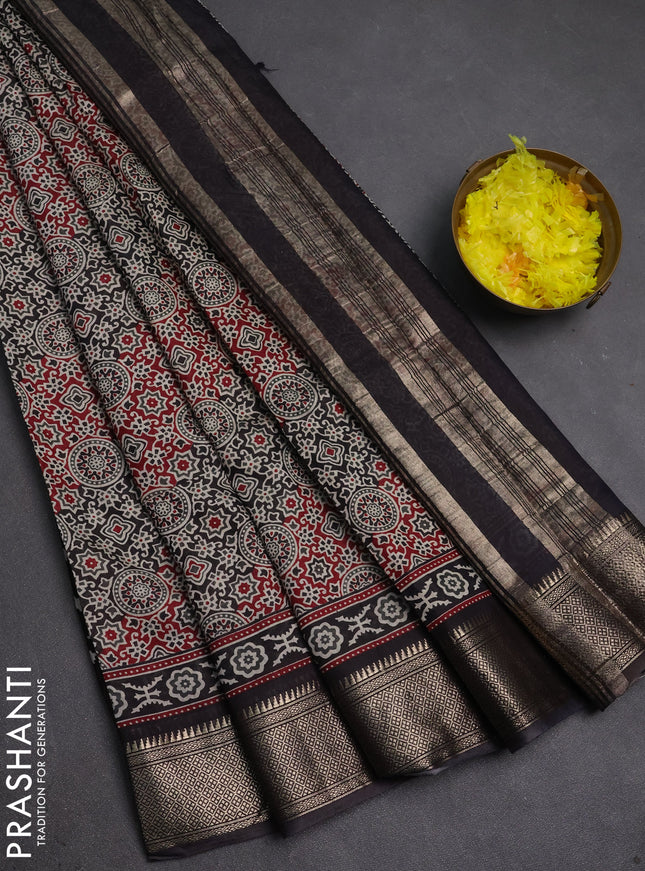 Assam silk saree maroon and black with allover ajrakh prints and zari woven border
