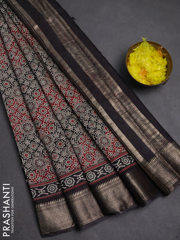 Assam silk saree maroon and black with allover ajrakh prints and zari woven border