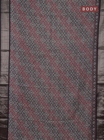 Assam silk saree maroon and black with allover ajrakh prints and zari woven border