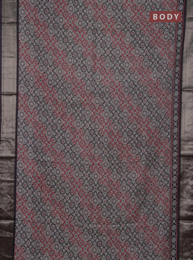 Assam silk saree maroon and black with allover ajrakh prints and zari woven border