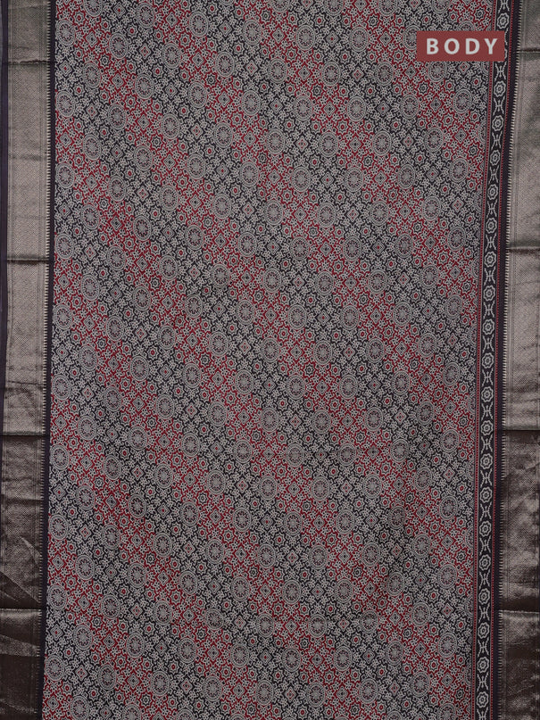 Assam silk saree maroon and black with allover ajrakh prints and zari woven border