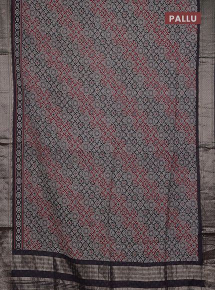 Assam silk saree maroon and black with allover ajrakh prints and zari woven border