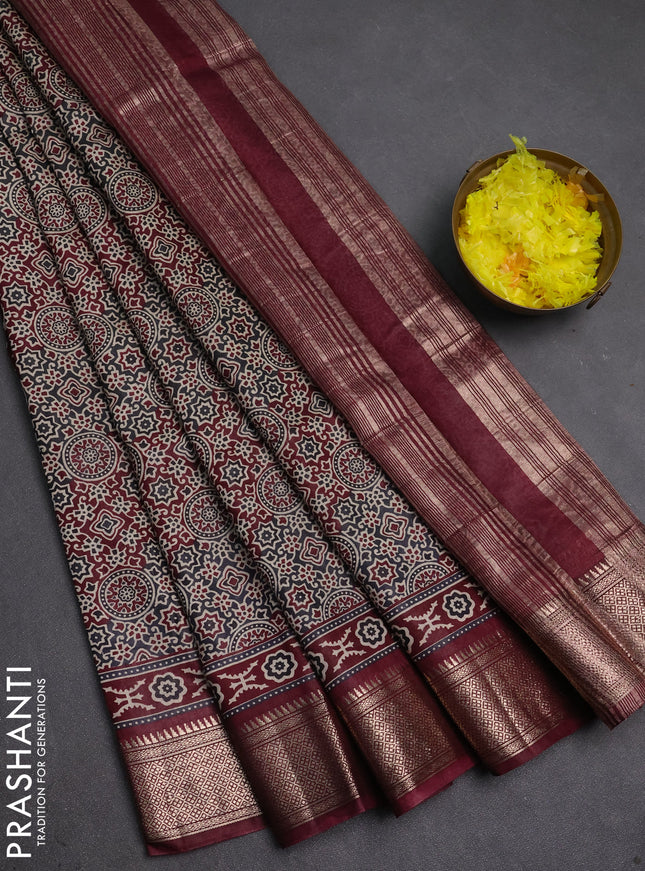 Assam silk saree grey and wine with allover ajrakh prints and zari woven border