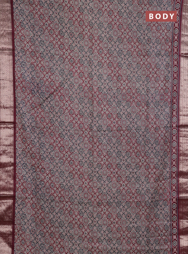 Assam silk saree grey and wine with allover ajrakh prints and zari woven border
