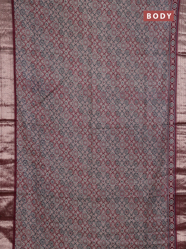 Assam silk saree grey and wine with allover ajrakh prints and zari woven border