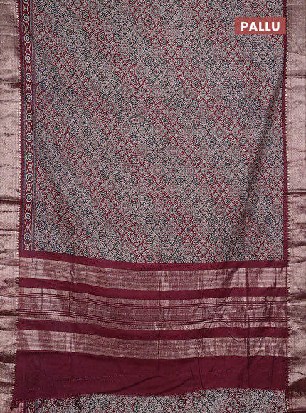 Assam silk saree grey and wine with allover ajrakh prints and zari woven border