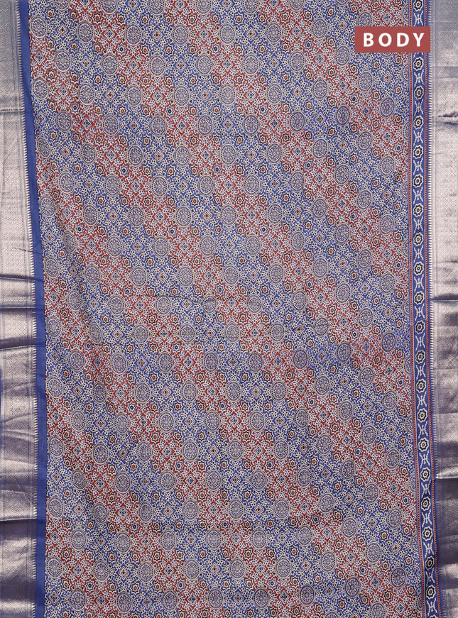 Assam silk saree dark mustard and indigo blue with allover ajrakh prints and zari woven border