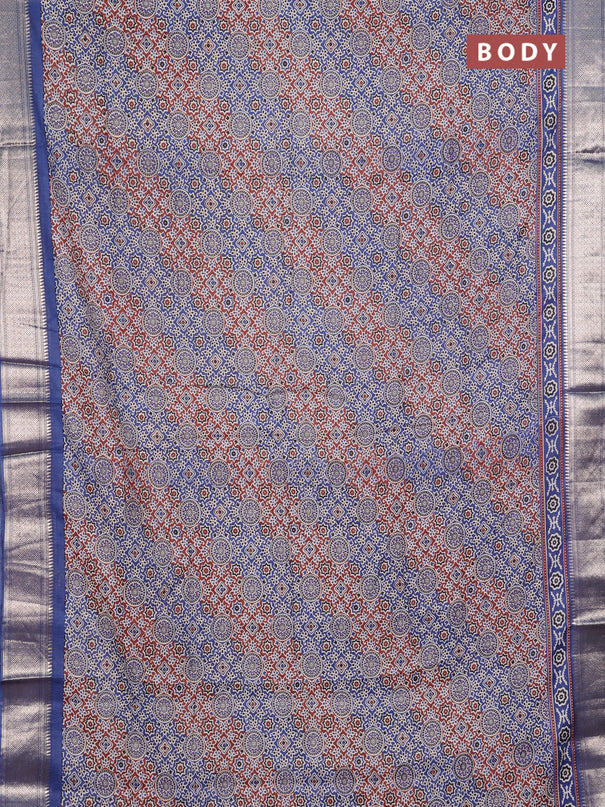 Assam silk saree dark mustard and indigo blue with allover ajrakh prints and zari woven border