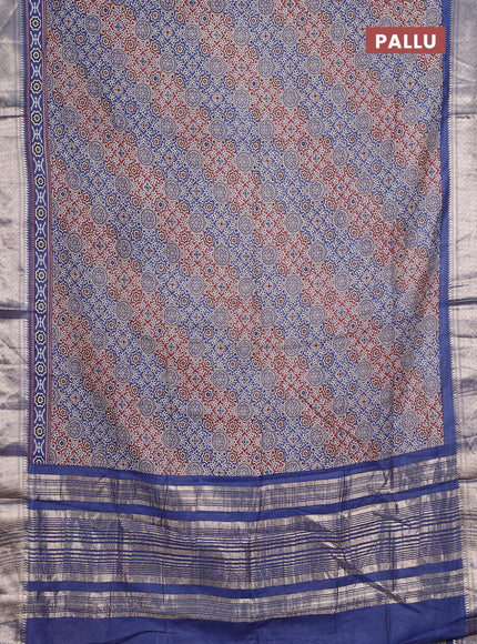 Assam silk saree dark mustard and indigo blue with allover ajrakh prints and zari woven border