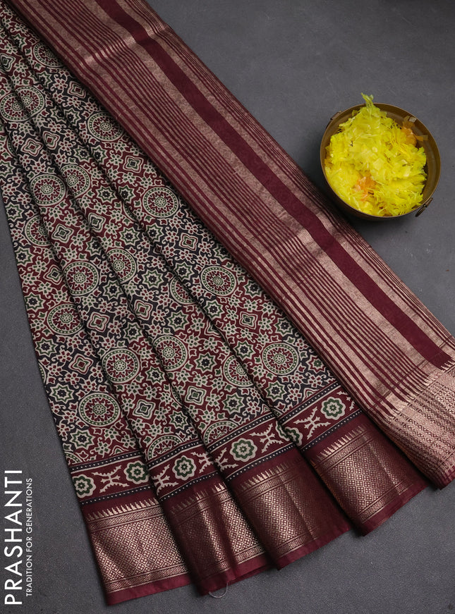 Assam silk saree black and wine with allover ajrakh prints and zari woven border