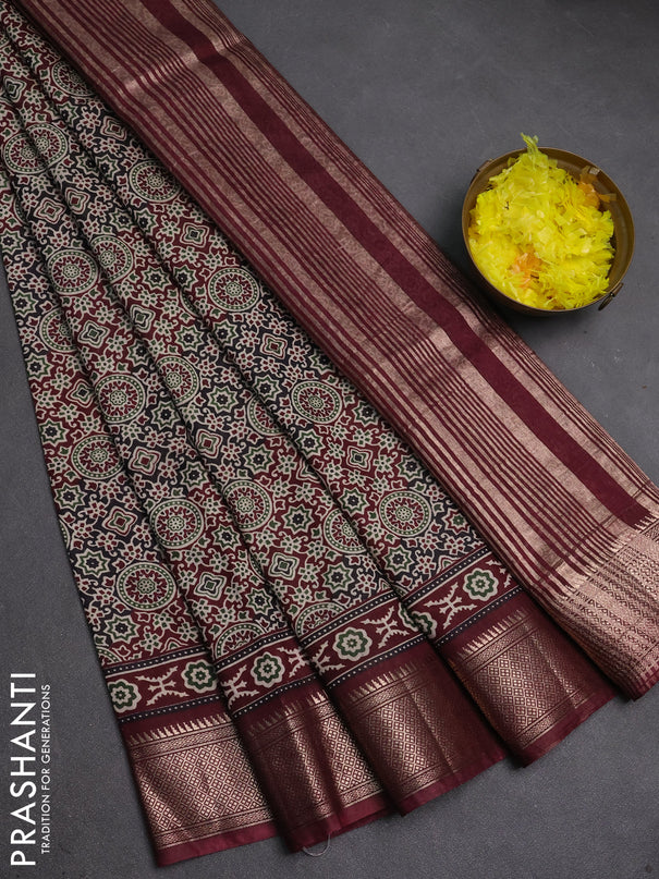 Assam silk saree black and wine with allover ajrakh prints and zari woven border