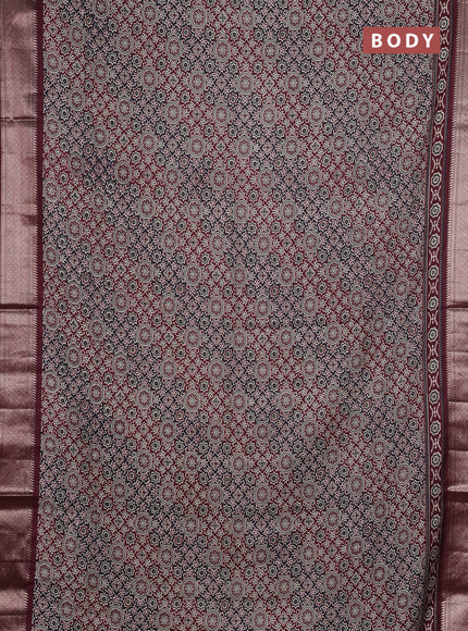 Assam silk saree black and wine with allover ajrakh prints and zari woven border