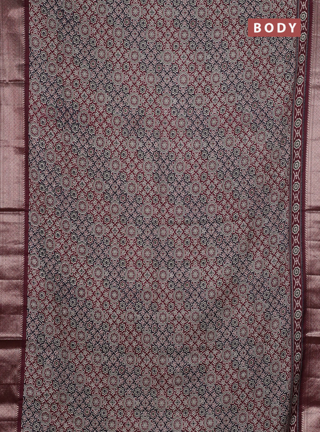 Assam silk saree black and wine with allover ajrakh prints and zari woven border