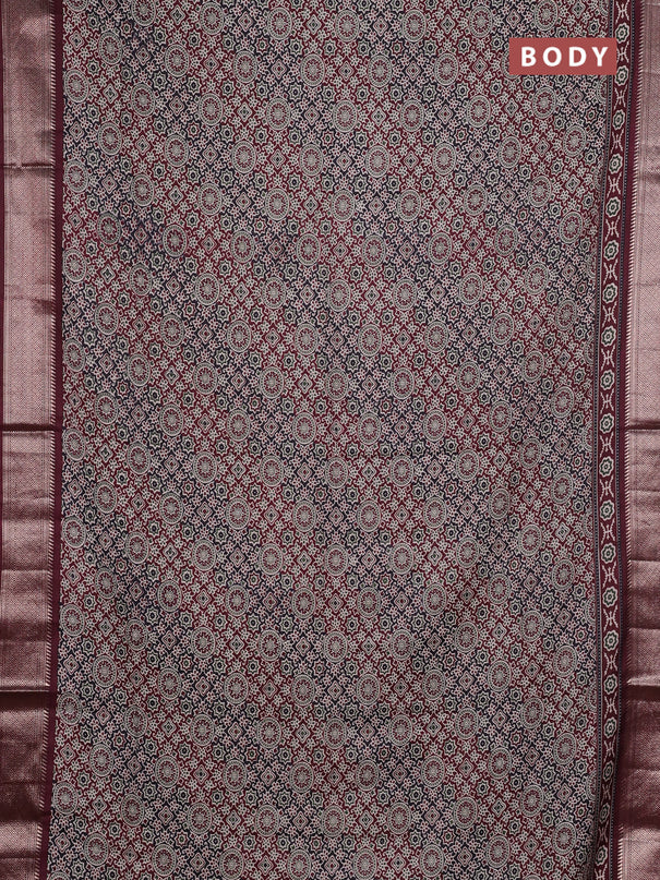 Assam silk saree black and wine with allover ajrakh prints and zari woven border