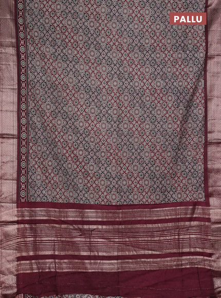 Assam silk saree black and wine with allover ajrakh prints and zari woven border