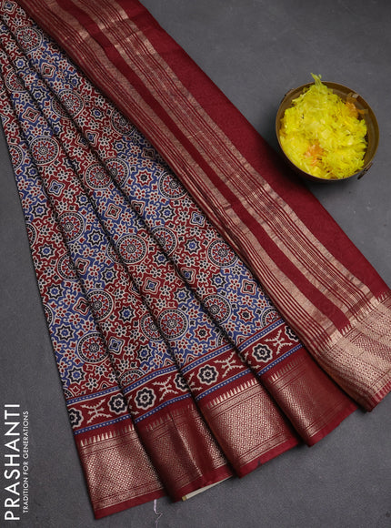 Assam silk saree indigo blue and maroon with allover ajrakh prints and zari woven border
