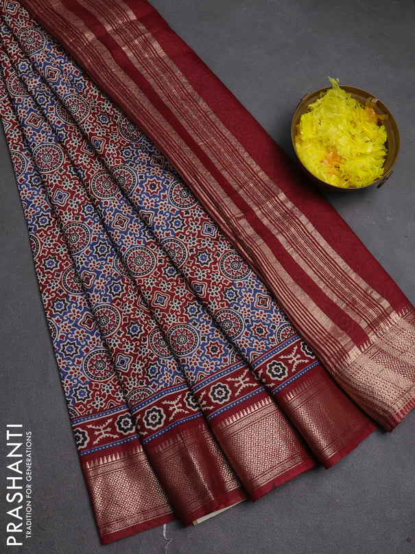 Assam silk saree indigo blue and maroon with allover ajrakh prints and zari woven border
