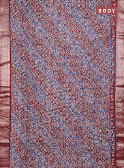 Assam silk saree indigo blue and maroon with allover ajrakh prints and zari woven border