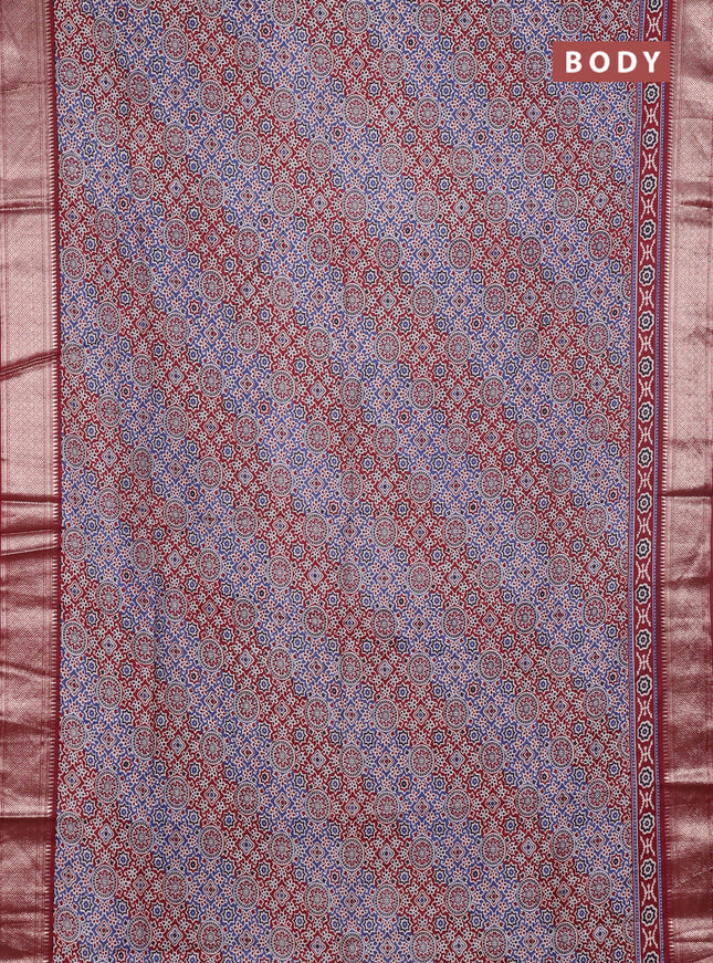 Assam silk saree indigo blue and maroon with allover ajrakh prints and zari woven border