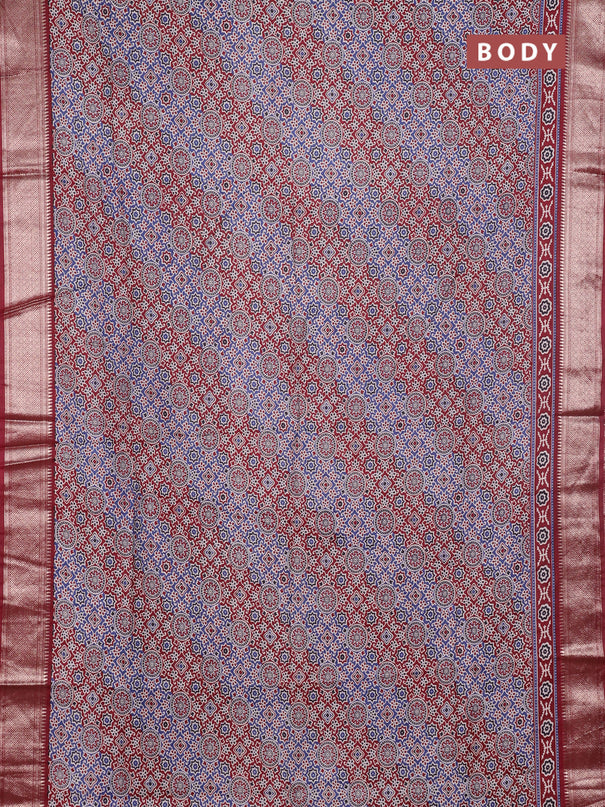 Assam silk saree indigo blue and maroon with allover ajrakh prints and zari woven border