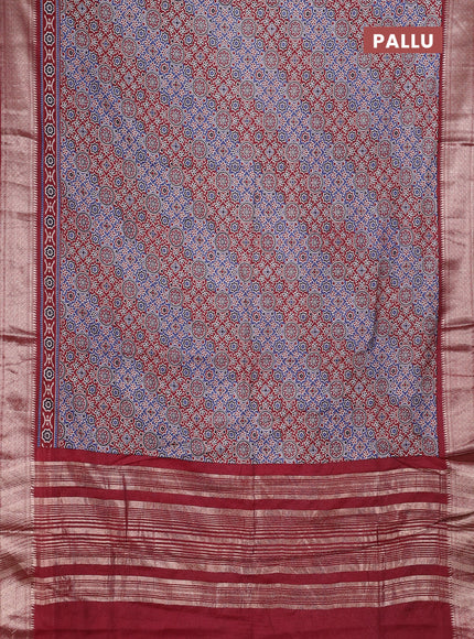 Assam silk saree indigo blue and maroon with allover ajrakh prints and zari woven border