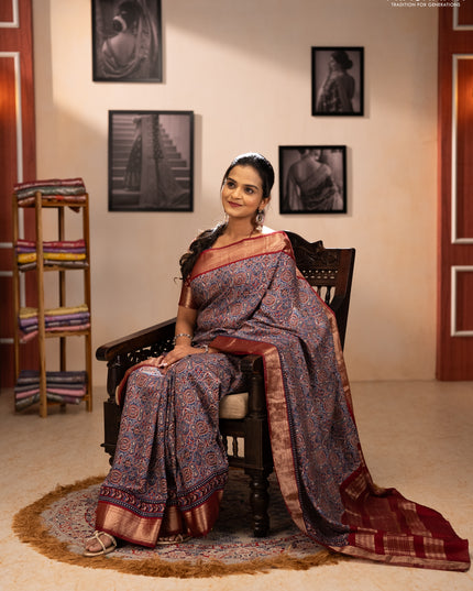 Assam silk saree indigo blue and maroon with allover ajrakh prints and zari woven border