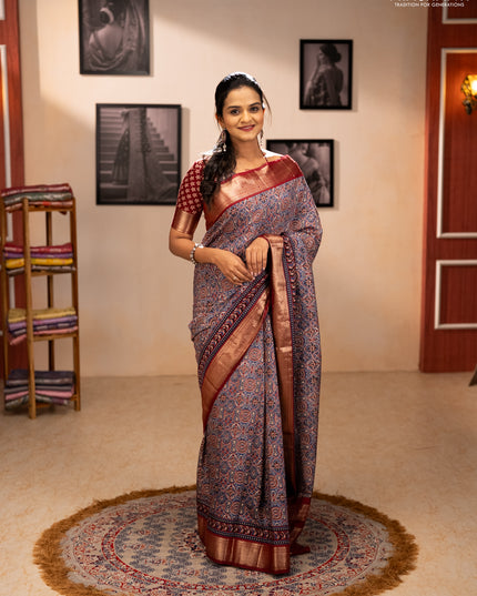 Assam silk saree indigo blue and maroon with allover ajrakh prints and zari woven border