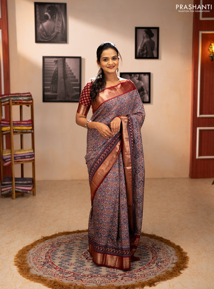 Assam silk saree indigo blue and maroon with allover ajrakh prints and zari woven border